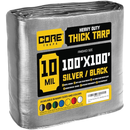 Core Tarps Heavy Duty Tarp, 100 ft L x 0.5 mm H x 100 ft W, 10 Mil, Silver/Black, Polyethylene CT-601-100X100